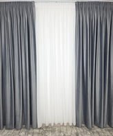 Set Cenusa: Perdea Albă Simpla Din Voal Si Draperie Catifea Gri Mediu Blackout 90%